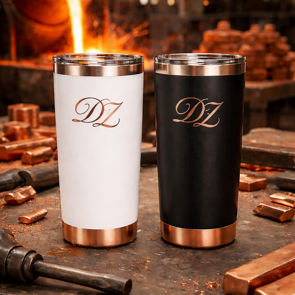 These premium 20-ounce stainless steel tumblers feature a refined, slightly flared profile that widens toward the top for a comfortable grip and a modern, upscale silhouette.