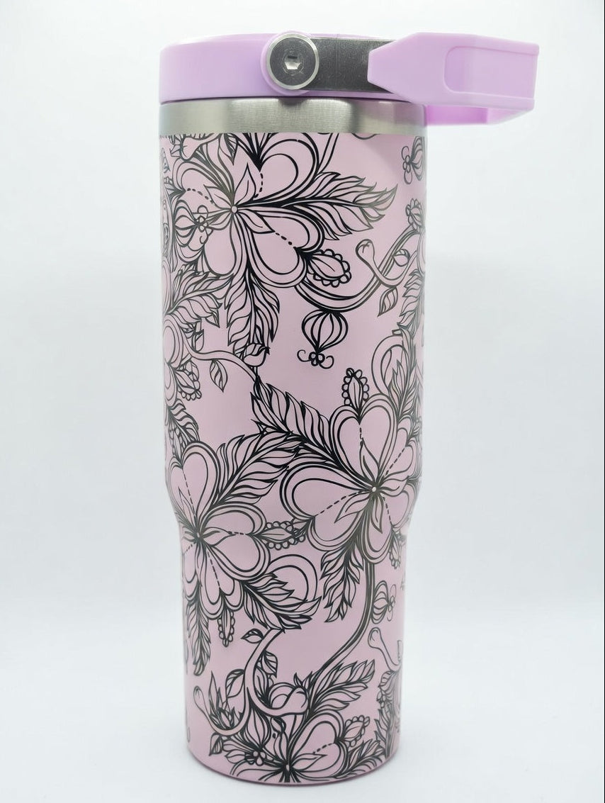 Lavender tumbler with black floral pattern and purple lid on a white background