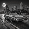 Vintage car driving on a city street at night with a full moon