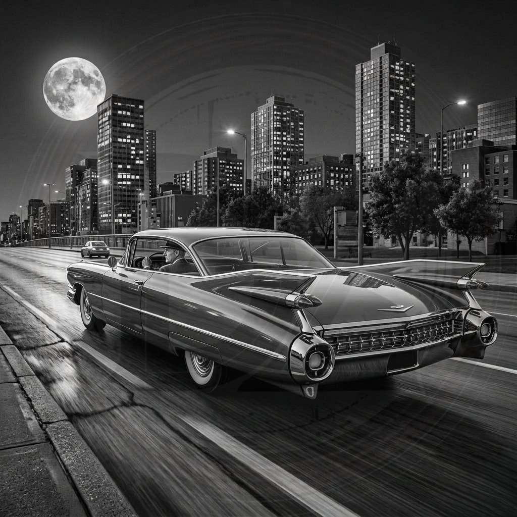 Vintage car driving on a city street at night with a full moon