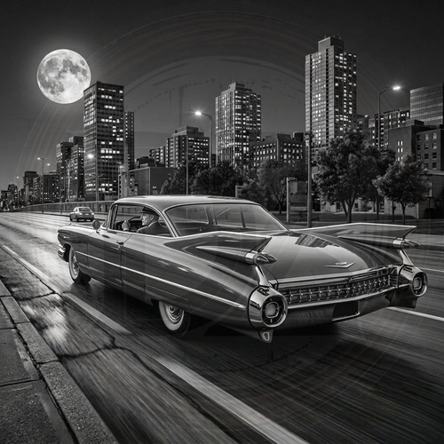 Vintage car driving on a city street at night with a full moon