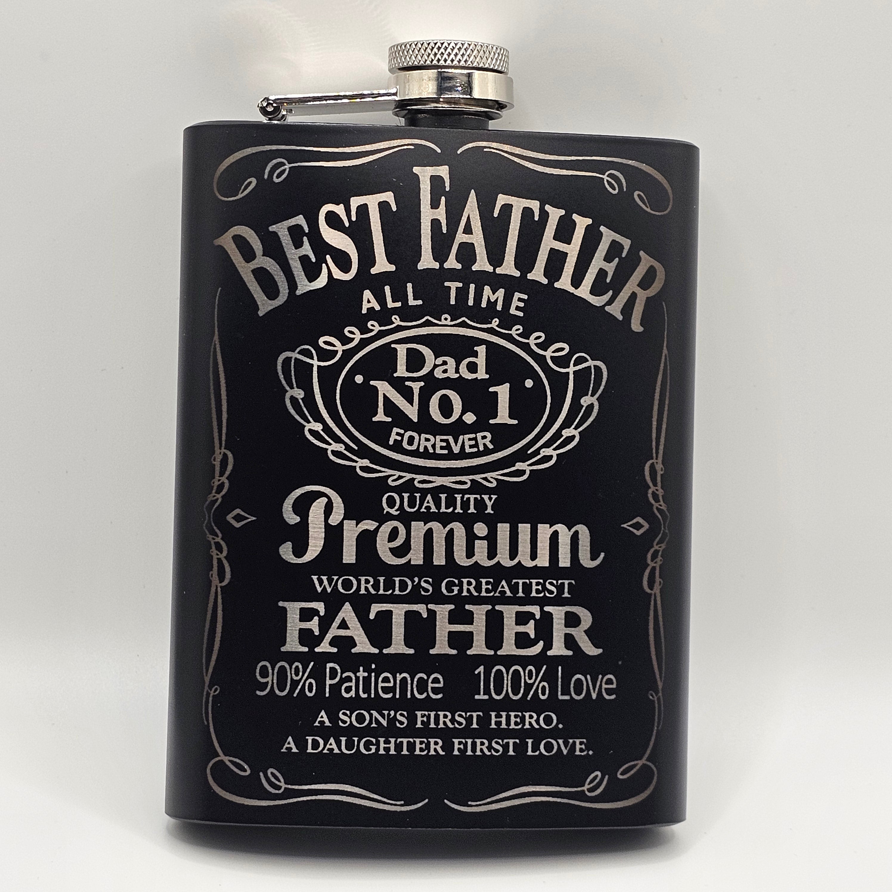 Black flask with white text and design on a light gray background