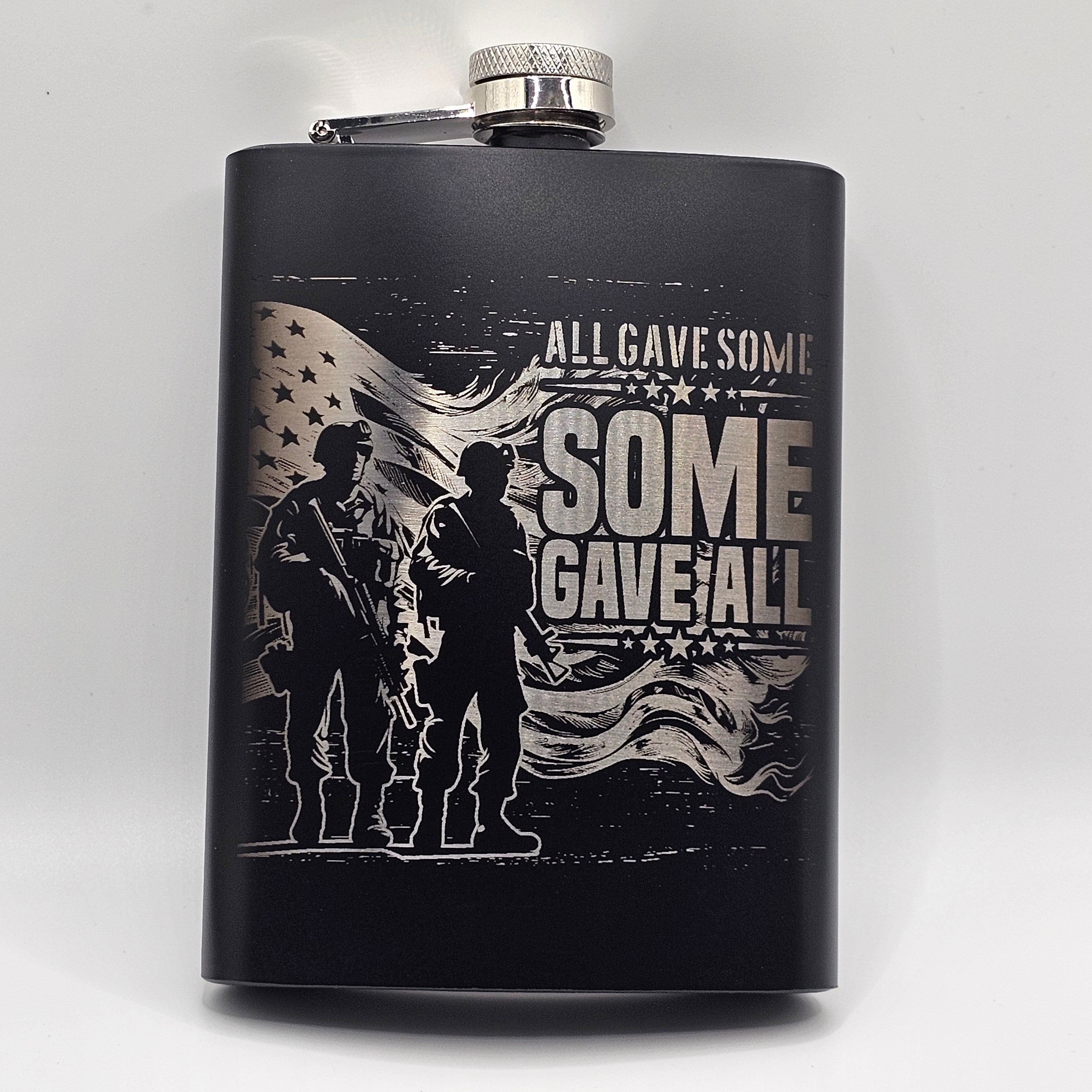 Black flask with military-themed design