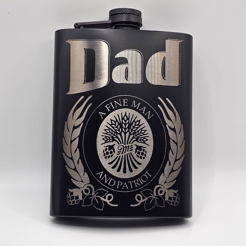 Black flask with engraved dad design