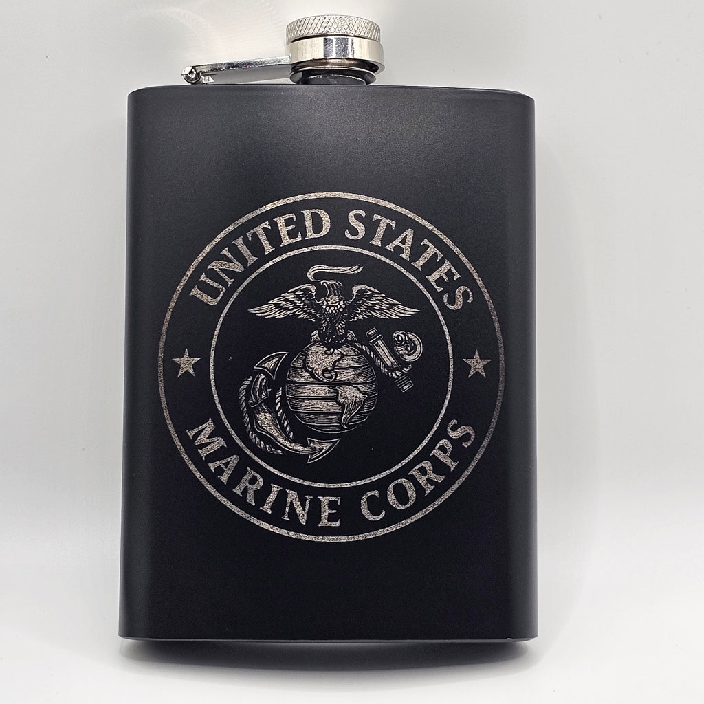 Black flask with United States Marine Corps emblem on a white background
