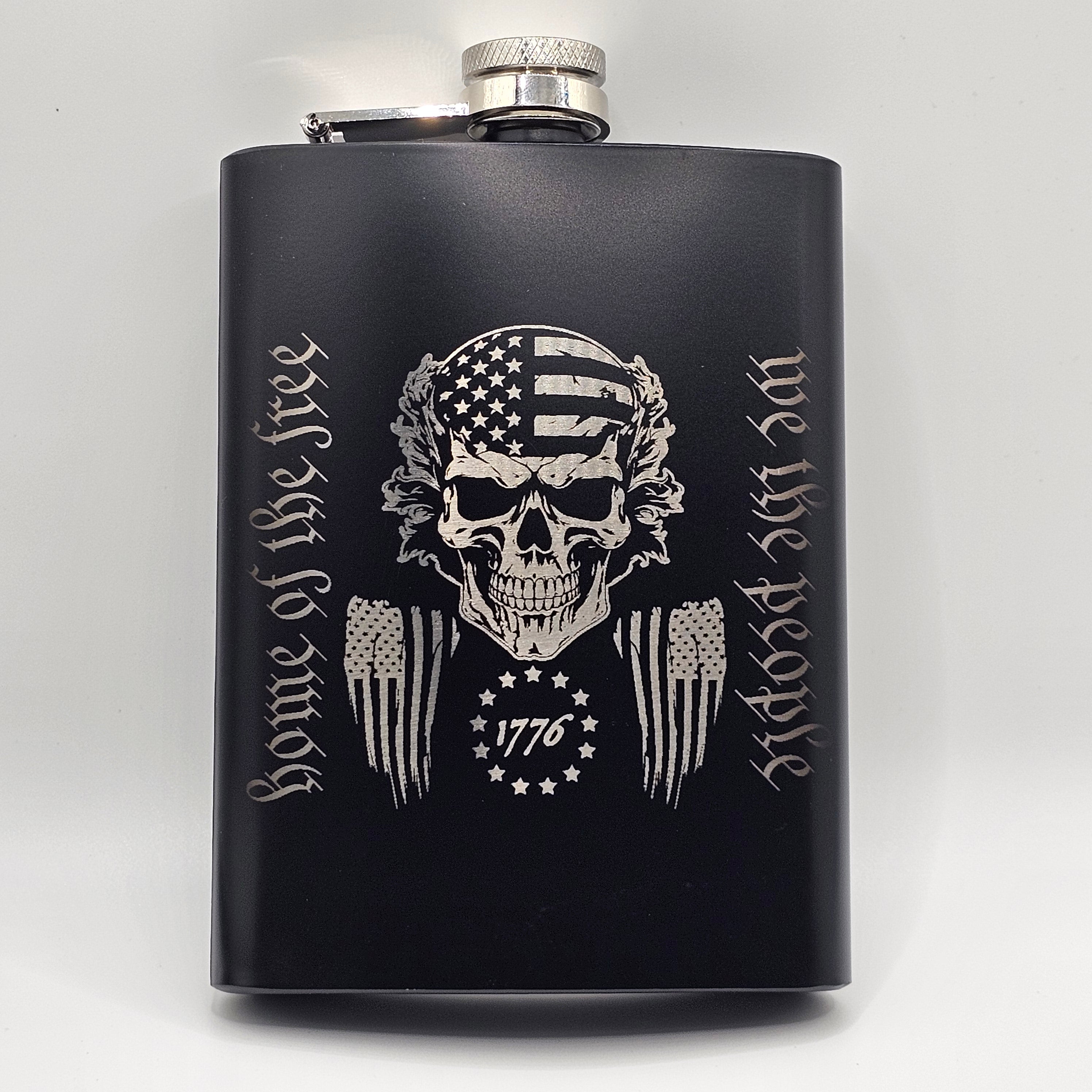 Black flask with skull and flag design
