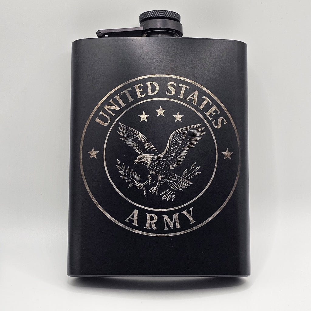 Black flask with United States Army logo on a white background