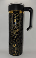 Black travel mug with gold Christmas-themed designs on a white background