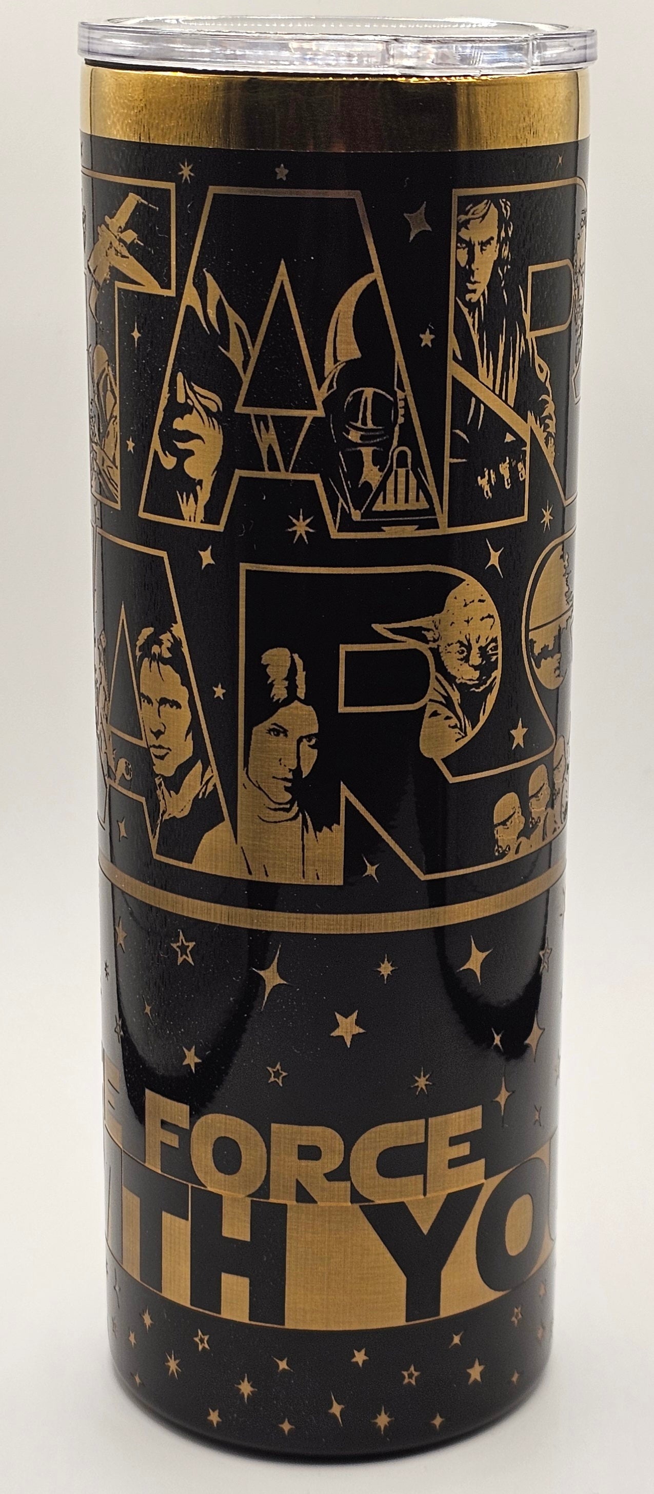 Tumbler with Star Wars design featuring characters and text