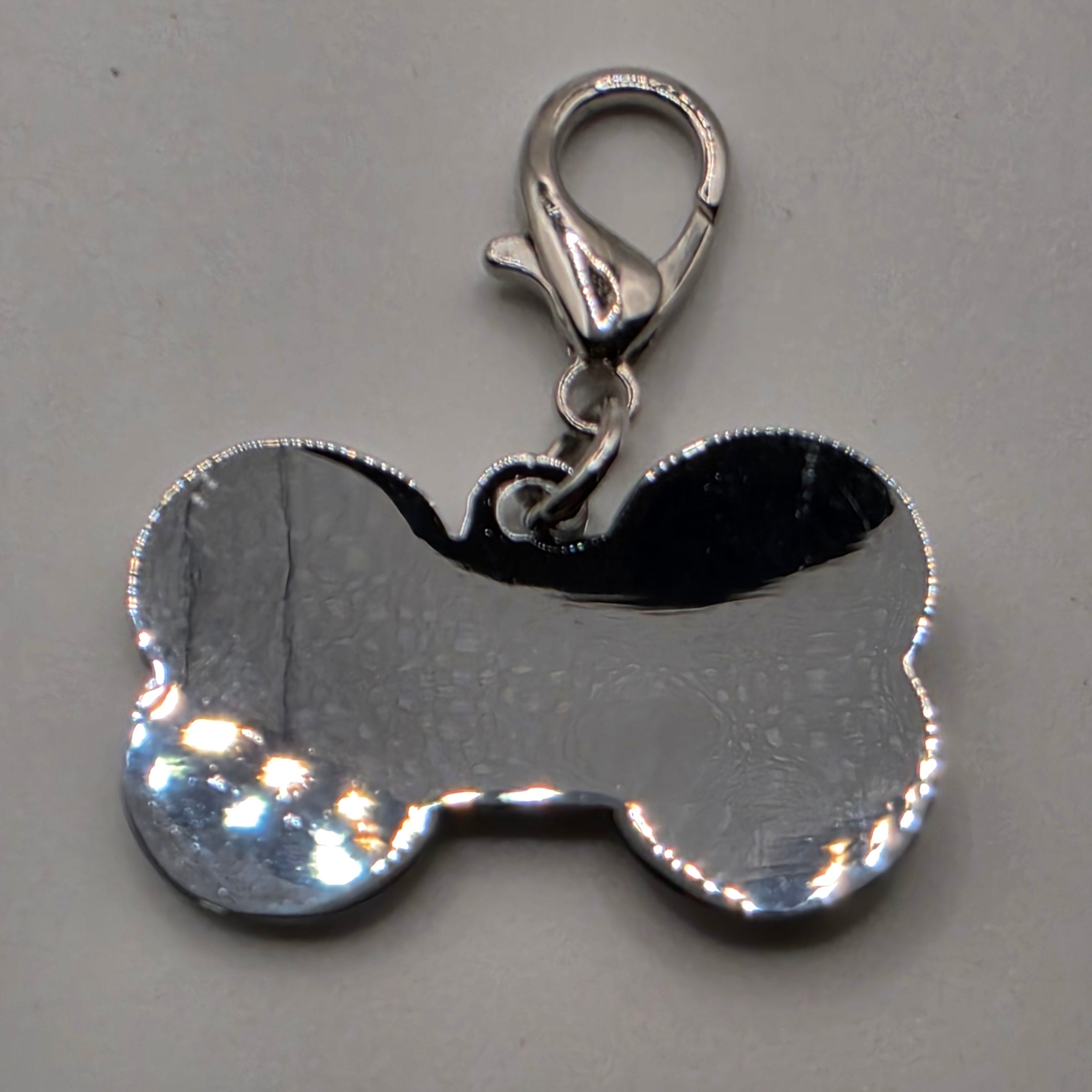 Metallic dog tag with a clasp on a gray background