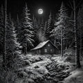 Wooden cabin in a snowy forest at night with a full moon