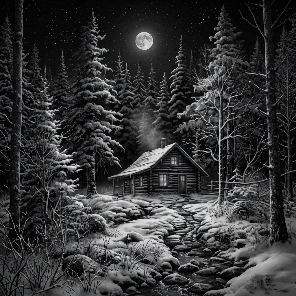 Wooden cabin in a snowy forest at night with a full moon
