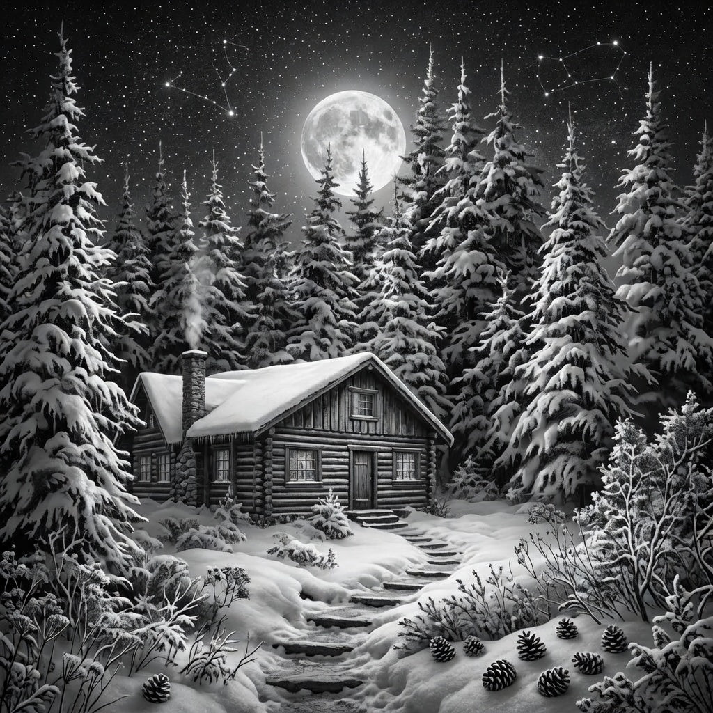 Log cabin in a snowy forest under a full moon