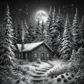 Log cabin in a snowy forest under a full moon