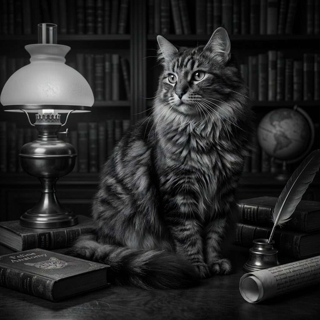 Cat sitting on a desk with books, a lamp, and a globe in a library setting.