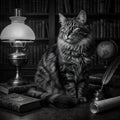 Cat sitting on a desk with books, a lamp, and a globe in a library setting.
