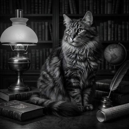 Cat sitting on a desk with books, a lamp, and a globe in a library setting.