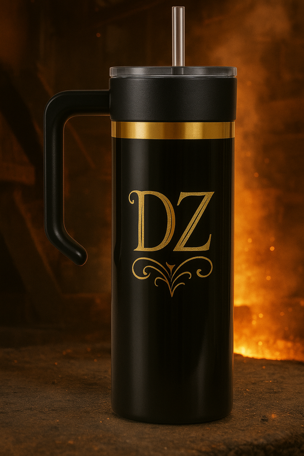 Black tumbler with gold accents and 'DZ' monogram against a warm, blurred background