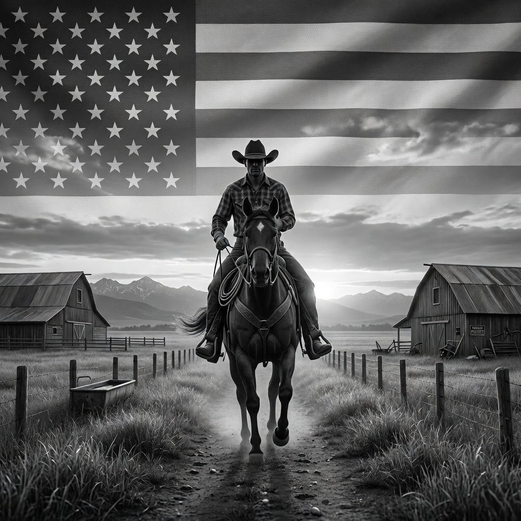 Cowboy riding a horse with an American flag in the background