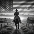 Cowboy riding a horse with an American flag in the background