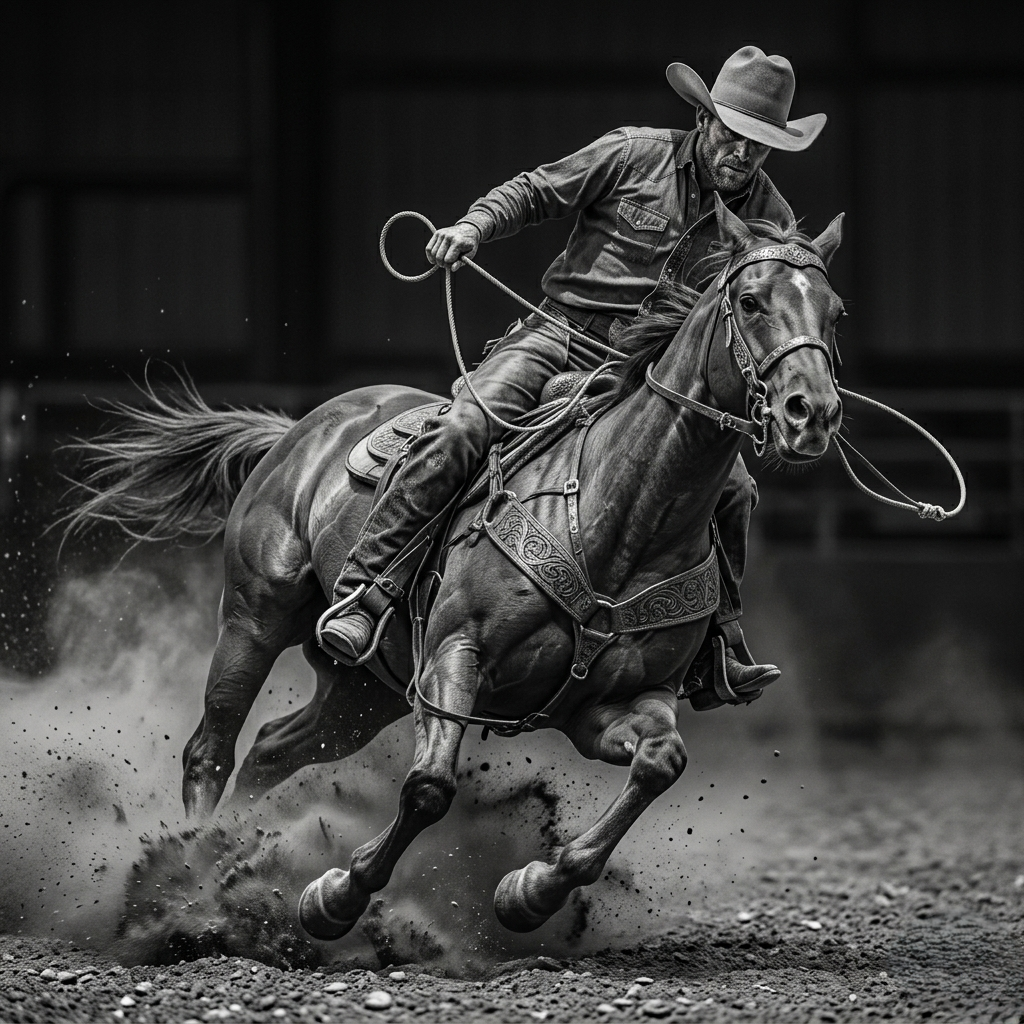 Cowboy riding a horse in a black and white photo