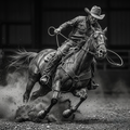Cowboy riding a horse in a black and white photo