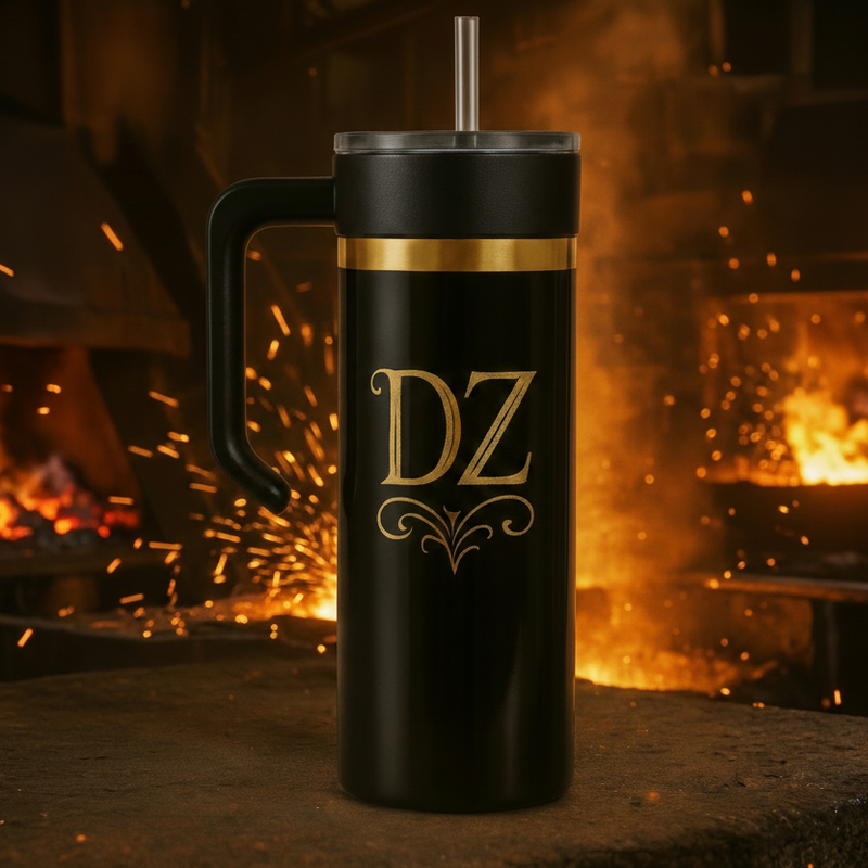 Black tumbler with gold accents and 'DZ' logo in front of a fireplace