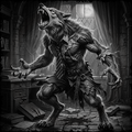 Werewolf in a room with books and furniture