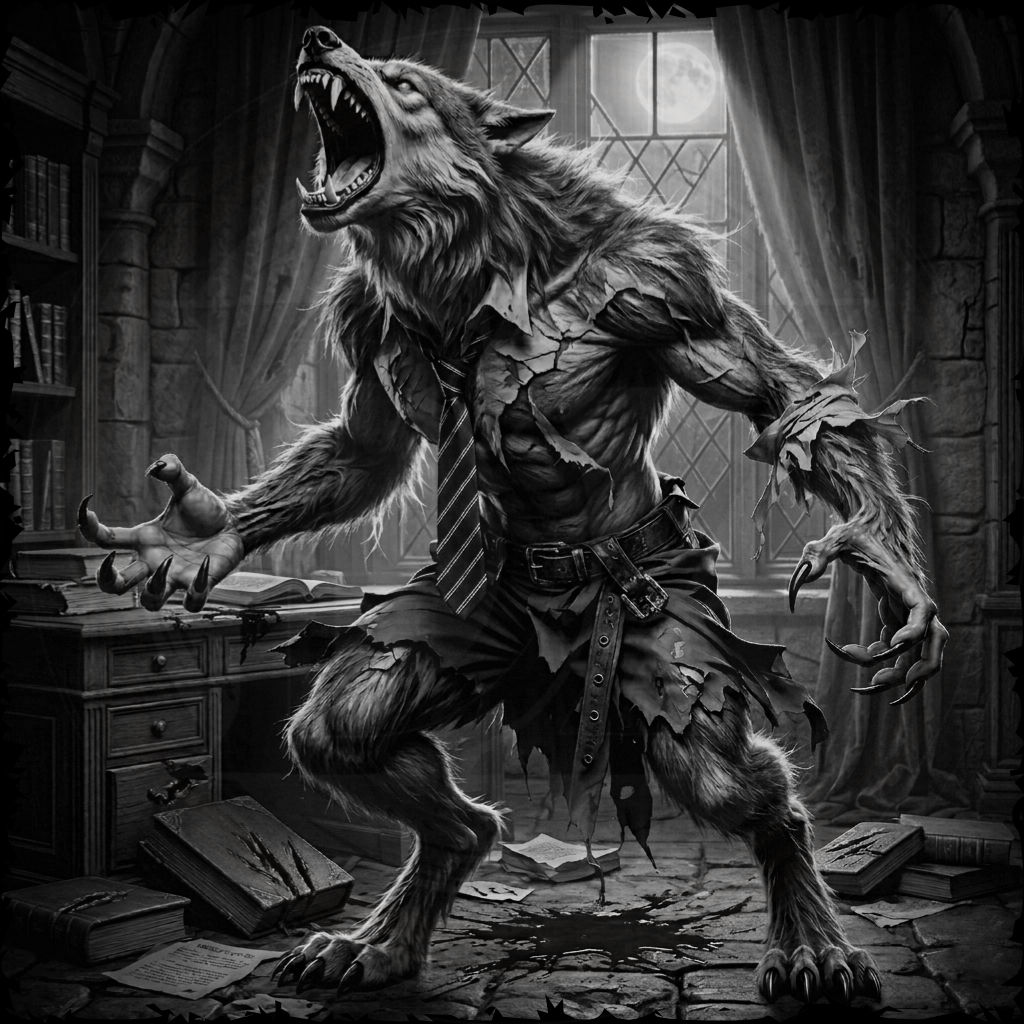 Werewolf in a room with books and furniture