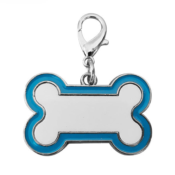 Blue and white bone-shaped pet tag with a clasp on a white background