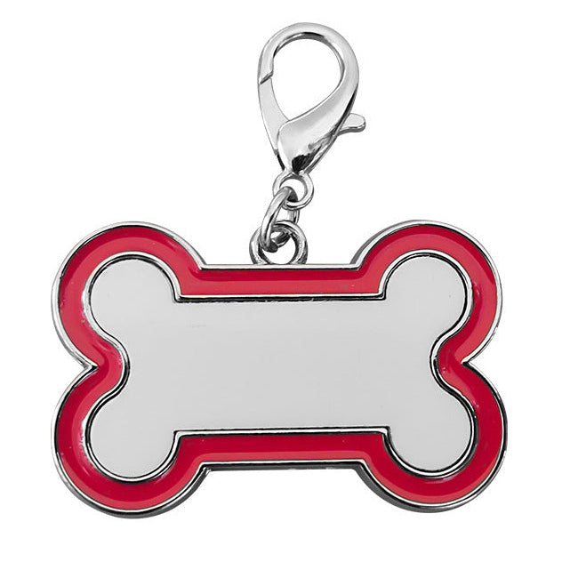 Red bone-shaped pet tag with a silver clasp on a white background