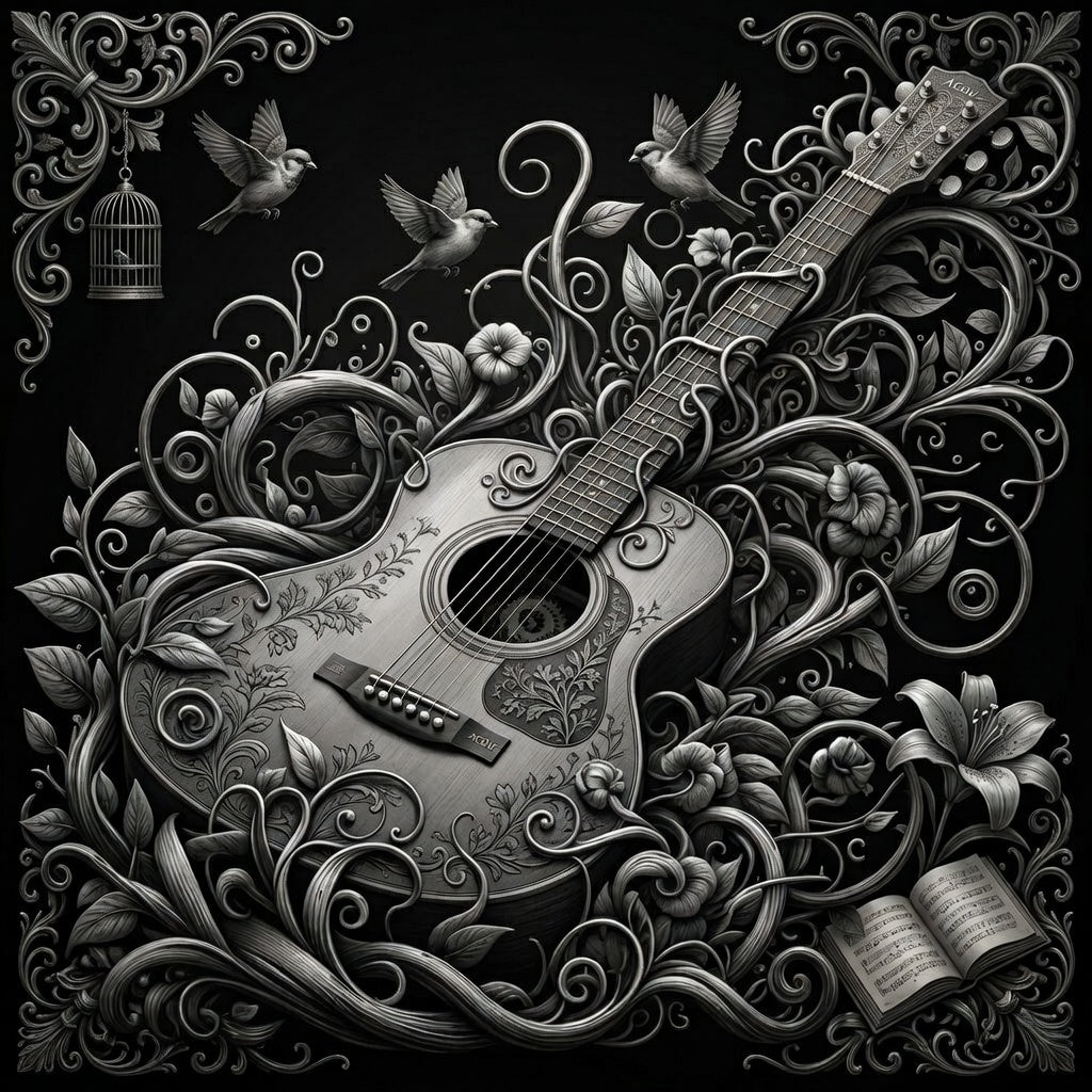 Decorative illustration of an acoustic guitar surrounded by intricate floral and scrollwork on a black background.