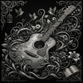 Decorative illustration of an acoustic guitar surrounded by intricate floral and scrollwork on a black background.