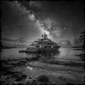 Yacht on a beach with a starry night sky and Milky Way galaxy.