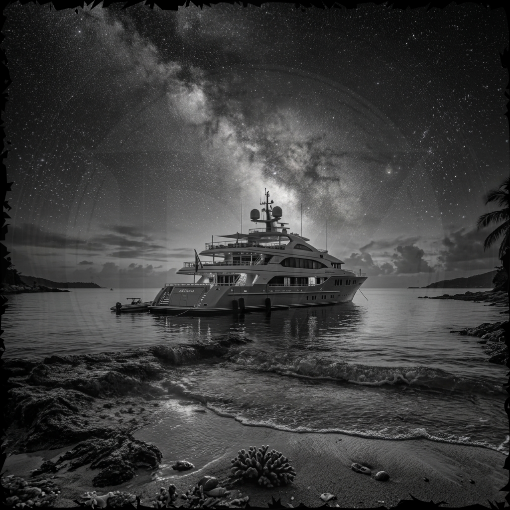 Yacht on a beach with a starry night sky and Milky Way galaxy.