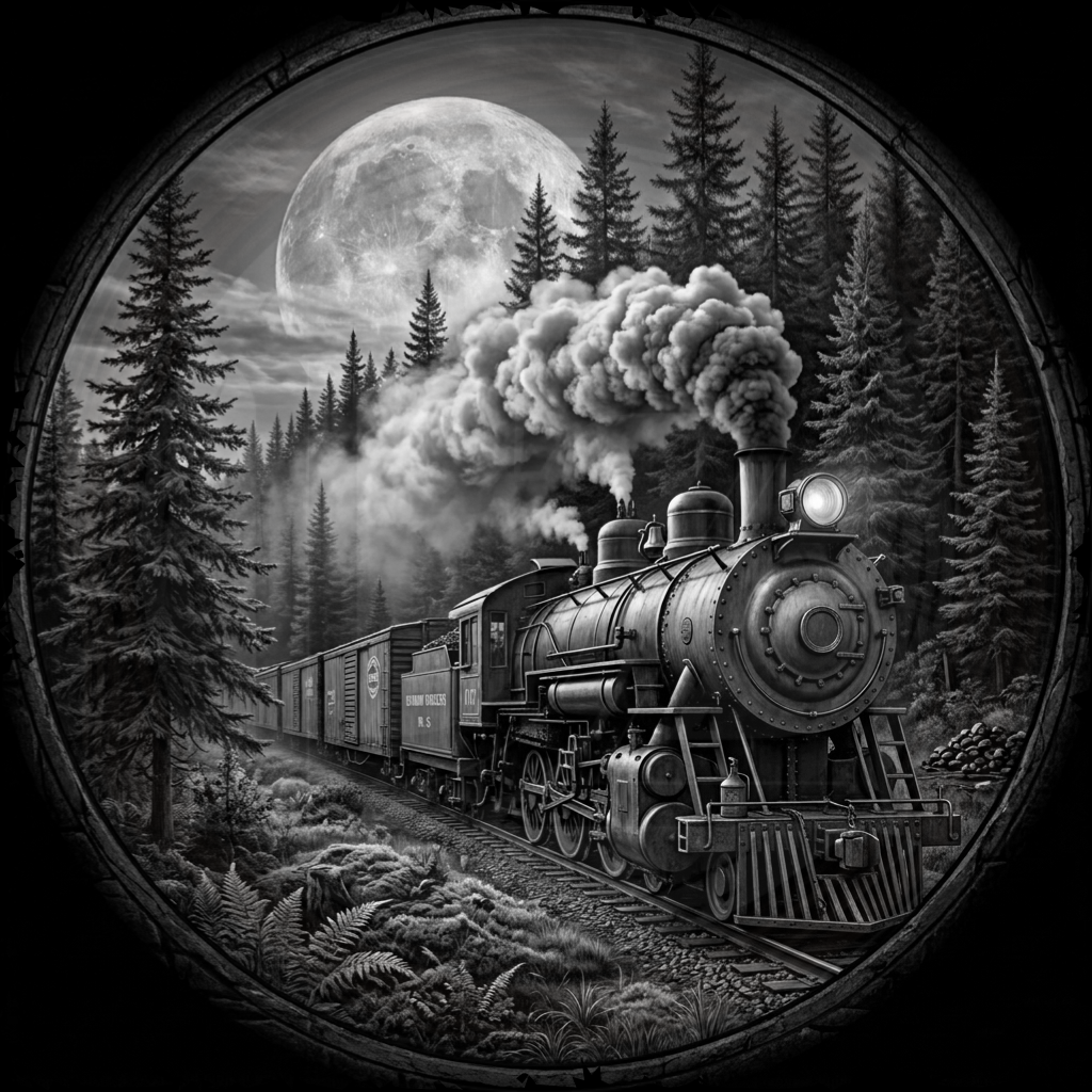 Vintage steam train on tracks with a full moon and trees in the background