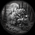 Vintage steam train on tracks with a full moon and trees in the background