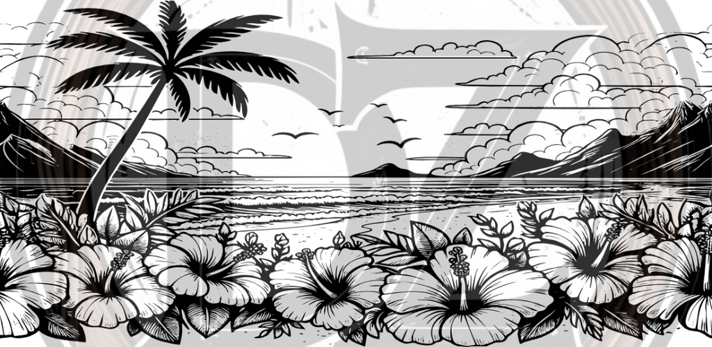 Black and white illustration of a tropical landscape with palm trees and flowers, framed by concentric circles.