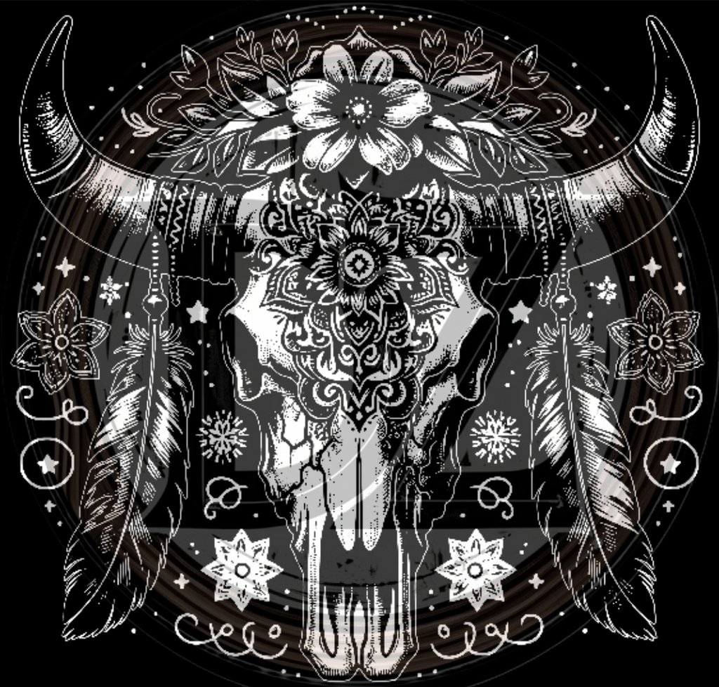 Decorative design of a bull skull with mandala patterns, feathers, and flowers on a black background.