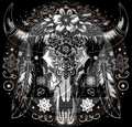 Decorative design of a bull skull with mandala patterns, feathers, and flowers on a black background.