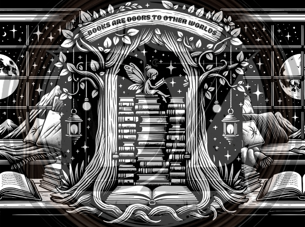Illustration of books with a fairy and a quote about books being doors to other worlds.