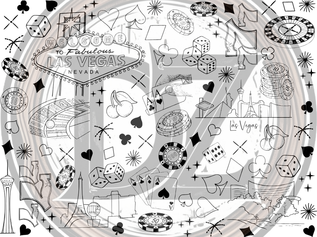 Circular design with Las Vegas-themed icons and text, including the Welcome to Fabulous Las Vegas Nevada sign.