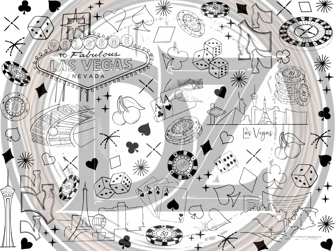 Circular design with Las Vegas-themed icons and text, including the Welcome to Fabulous Las Vegas Nevada sign.