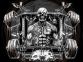 Illustration of a muscular skeleton lifting weights with bats and skulls in the background.