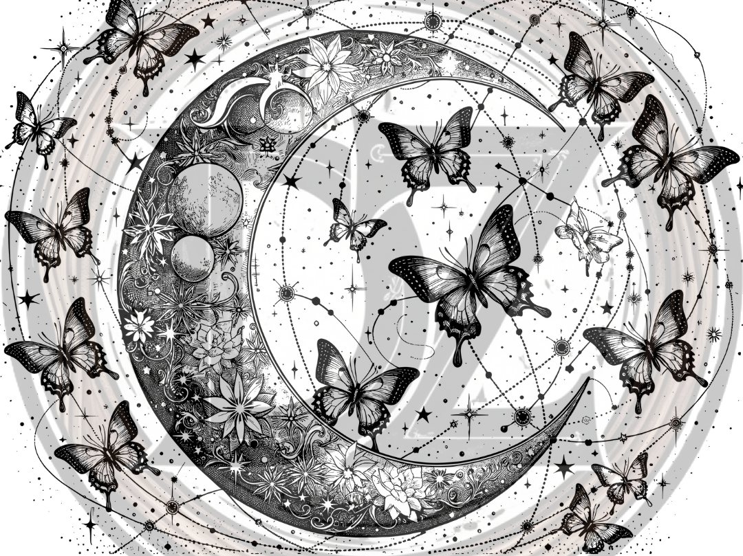 Circular design with butterflies, celestial elements, and floral patterns on a white background