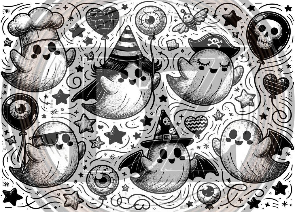 Black and white illustration of cartoon ghosts with various accessories