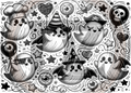 Black and white illustration of cartoon ghosts with various accessories