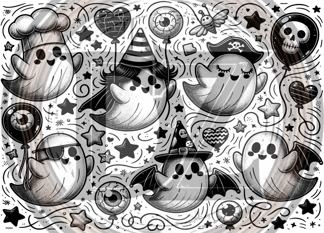 Black and white illustration of cartoon ghosts with various accessories