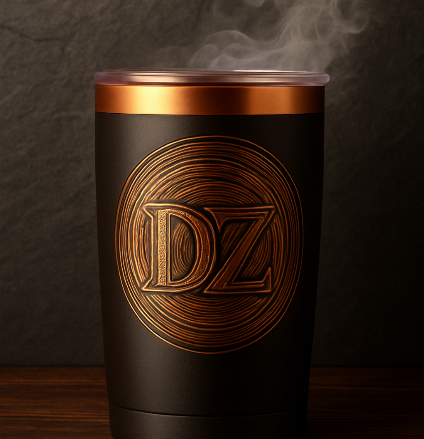 Black tumbler with bronze lid and 'DZ' logo on a dark background