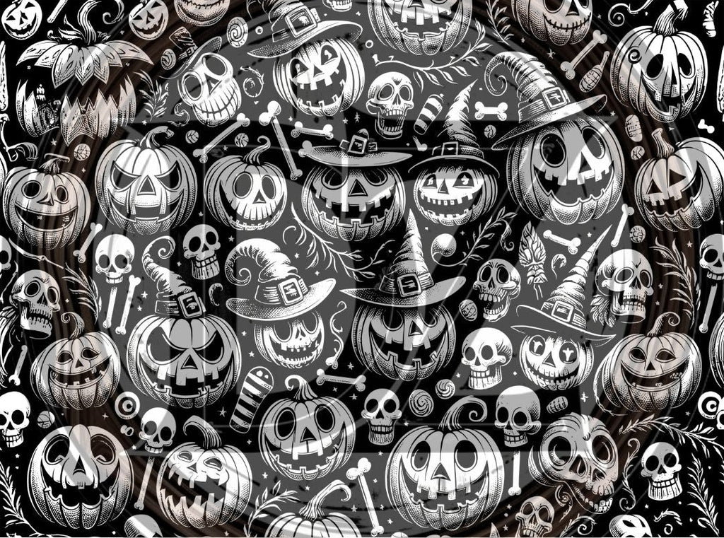Halloween-themed design with pumpkins, skulls, and other elements on a black background.